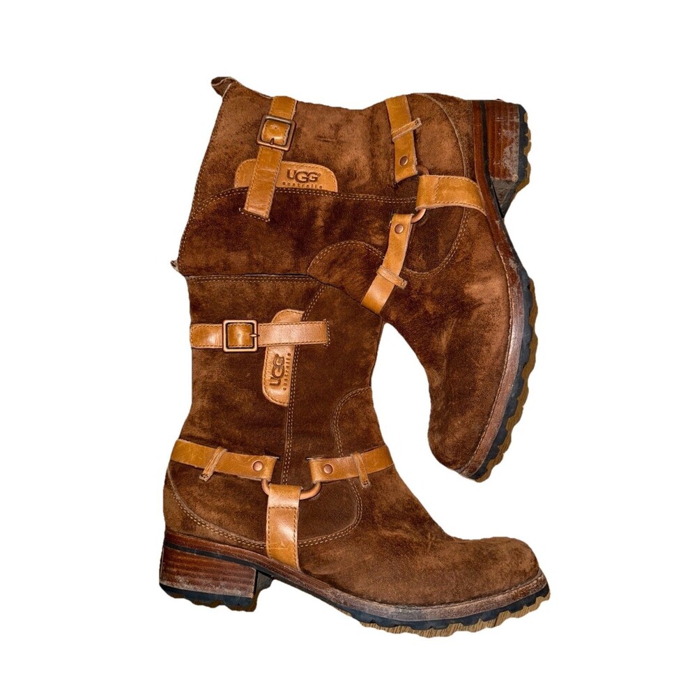 UGG AUSTRALIA ENDELL HARNESS SUEDE MOTO BIKER BOOTS 5604 SHEARLING US 9.5 Brown